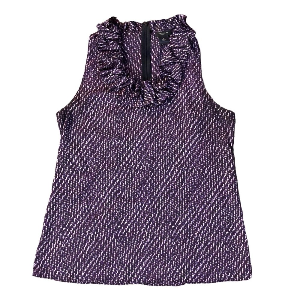 Ann Taylor Blouse Womens 6 Used Purple Cream Ruffled Neck - Picture 5 of 11